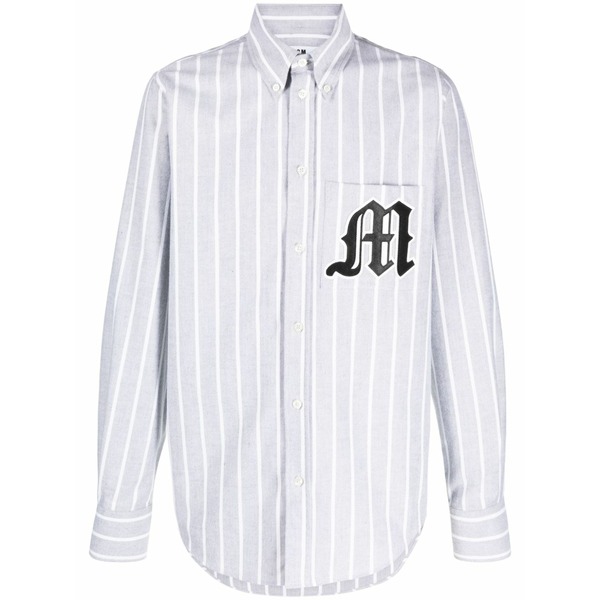エムエスジイエム メンズ シャツ トップス Logo-appliqu茫漏 striped cotton shirt Grey|asty