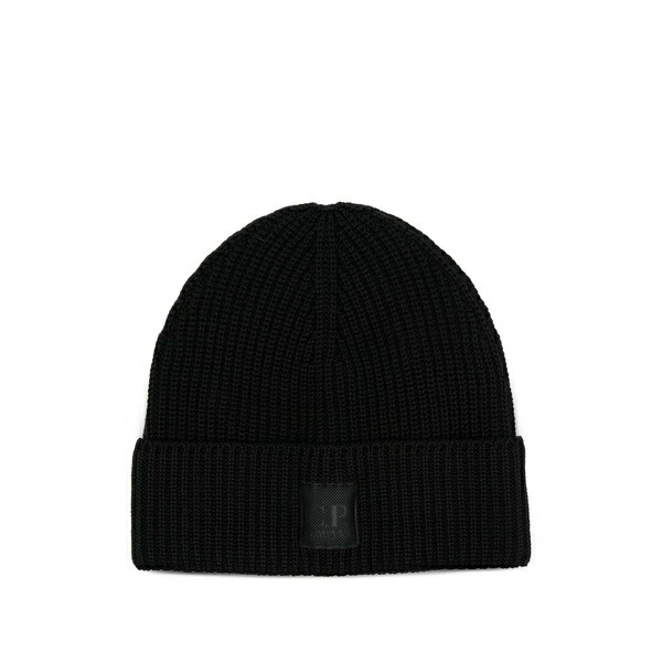 シーピーカンパニー メンズ 帽子 アクセサリー Ribbed logo-patch beanie hat Black