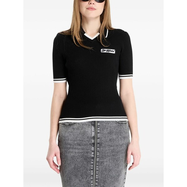 オフホワイト レディース Tシャツ トップス Ribbed-knit t-shirt Black|asty