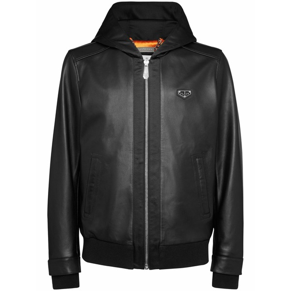フィリップ飾り気の無い メンズ 上衣＆上衣 アウター Leather hooded bomber jacket Black