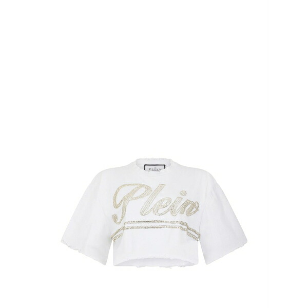 フィリッププレイン レディース Tシャツ トップス Strass signature cropped t-shirt White｜asty