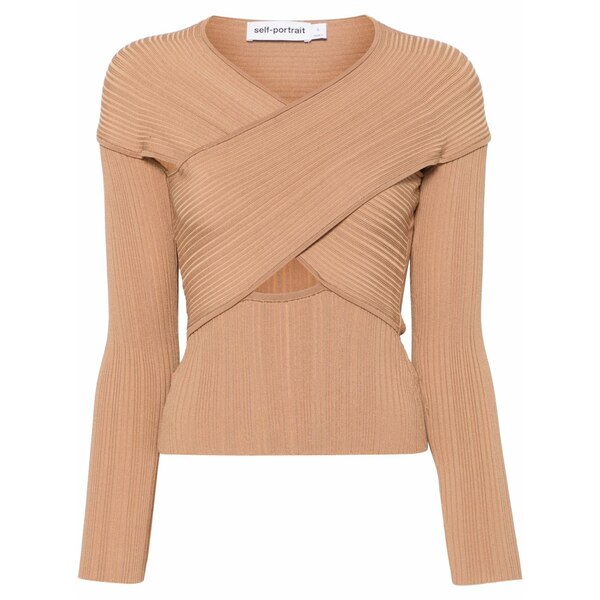 セルフ・ポートレイト レディース ティーシャツ トップス Ribbed wrap top Brown
