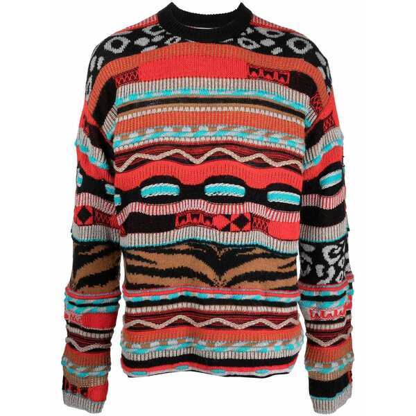 ラネウス メンズ ニット&セーター アウター Contrast patterned jacquard jumper Red｜asty