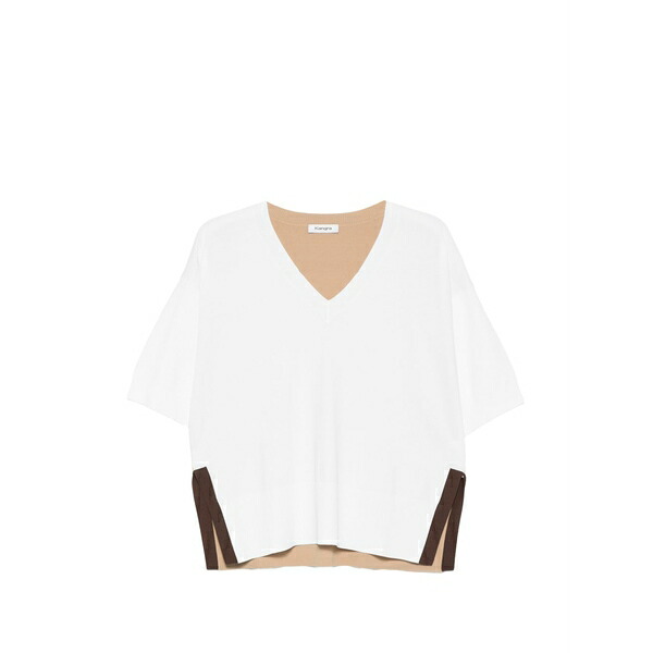 カングラ  レディース プルオーバー トップス V-neck colour-block t-shirt White