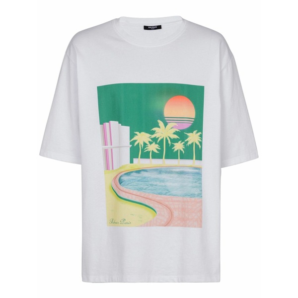 バルマン メンズ ティーシャツ トップス Graphic-print cotton t-shirt White メンズファッション-Tシャツ・カットソー-トップス