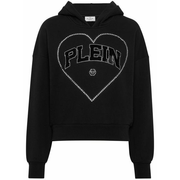 フィリップ飾り気の無い レディース パーカー・スウェットシャツ アウター Heart-motif rhinestone-embellished hoodie Black