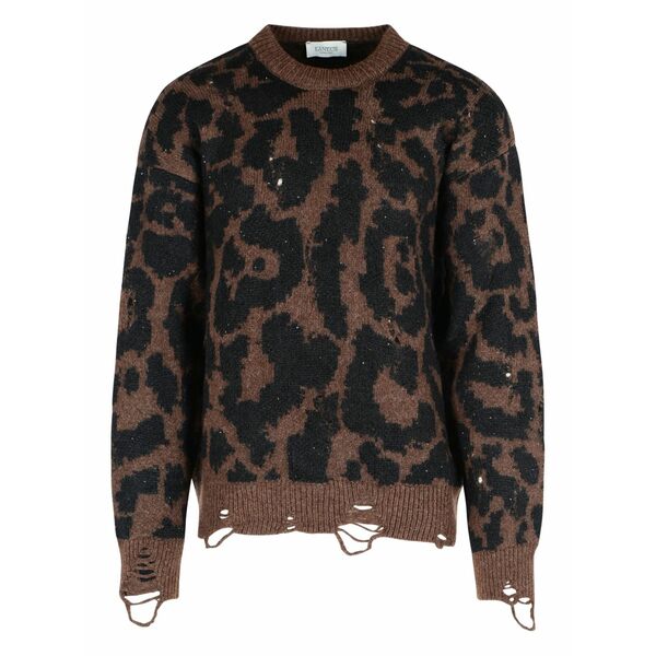ラネウス メンズ ニット&セーター アウター Leopard-print frayed-trim sweater Brown｜asty