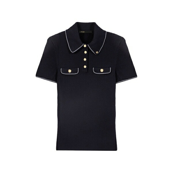 マージュ レディース スポーツシャツ トップス Contrast-trim ribbed polo top Black