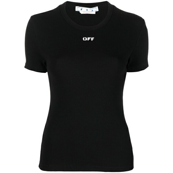 オフホワイト レディース Tシャツ トップス Logo-print ribbed t-shirt Black|asty