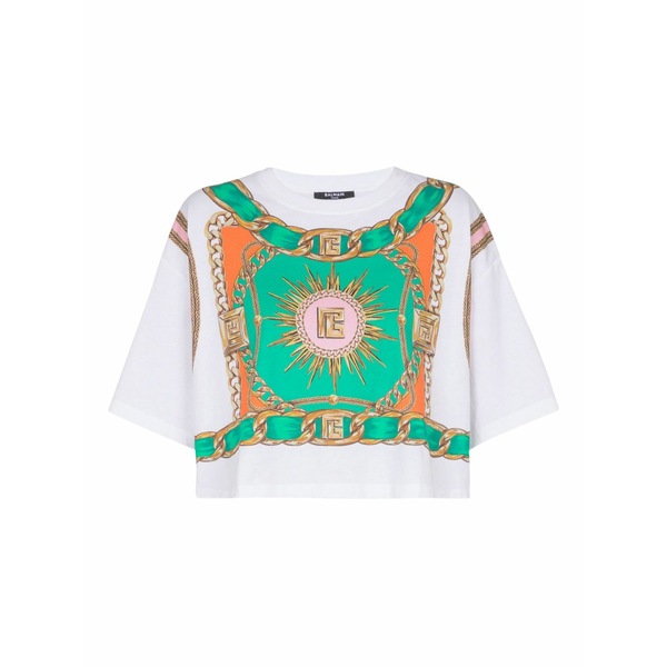 バルマン レディース Tシャツ トップス Foulard-print cropped t-shirt White|asty