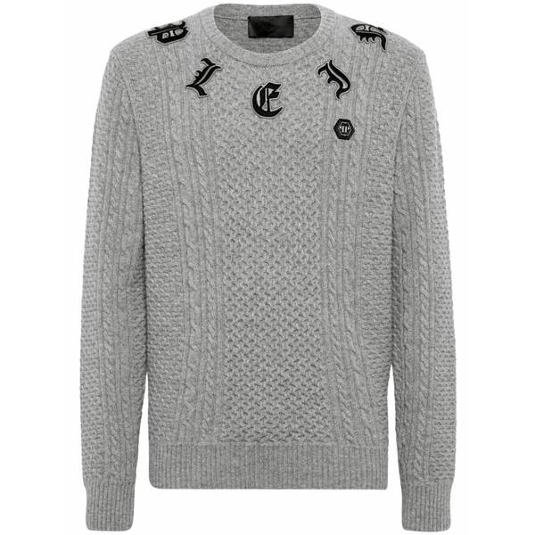 フィリップ飾り気のない メンズ 編み物\u0026プルオーバー アウター Logo-appliqu?? cable-knit jumper Grey