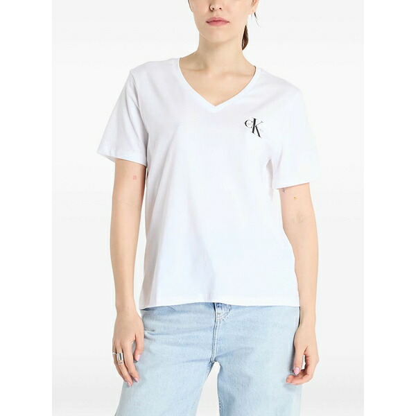 カルバンクライン レディース Tシャツ トップス Logo v-neck tee White｜asty