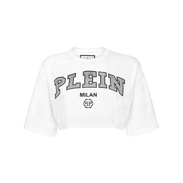 フィリッププレイン レディース Tシャツ トップス Logo-embellished cotton crop top White｜asty