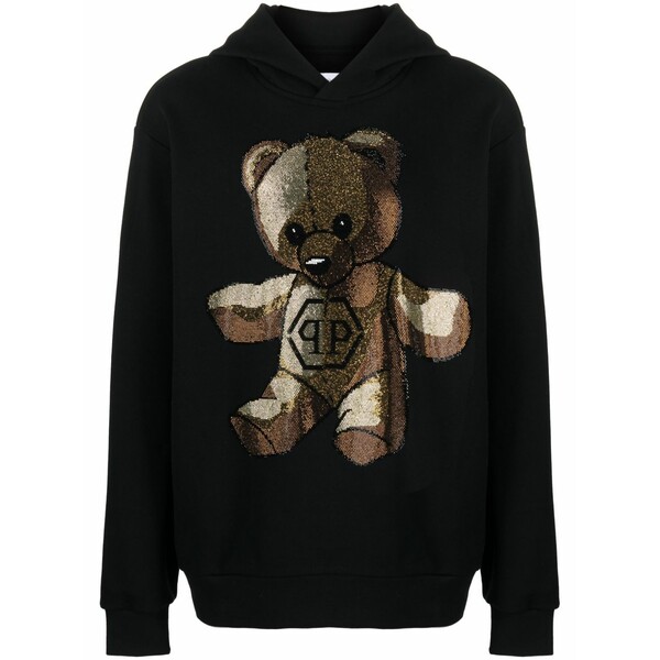 フィリップ飾り気のない メンズ パーカー・スウェットシャツ アウター Teddy bear rhinestone-embellished hoodie Black