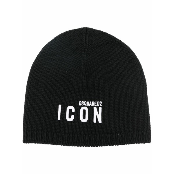 ディースクエアード メンズ かぶり笠 付属品 Be icon-embroidered ribbed beanie Black