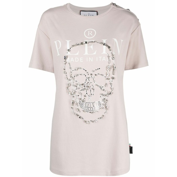 フィリッププレイン レディース Tシャツ トップス Crystal-embellished logo-print t-shirt Neutrals|asty