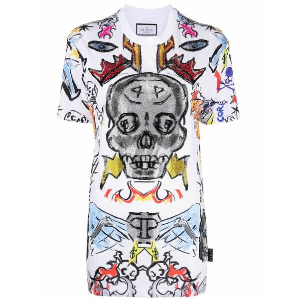 フィリップ飾り気のない レディース ティーシャツ トップス Man fit crystal skull t-shirt White