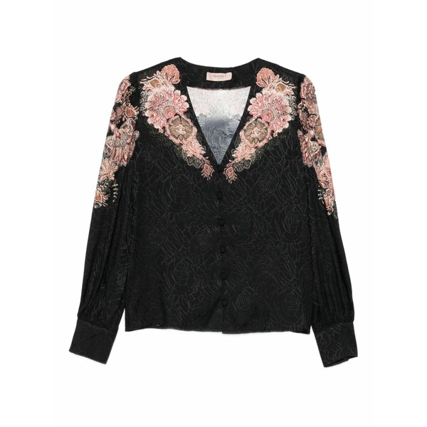 ツイン仕掛ける レディース プルオーバー トップス Floral-lace shirt Black