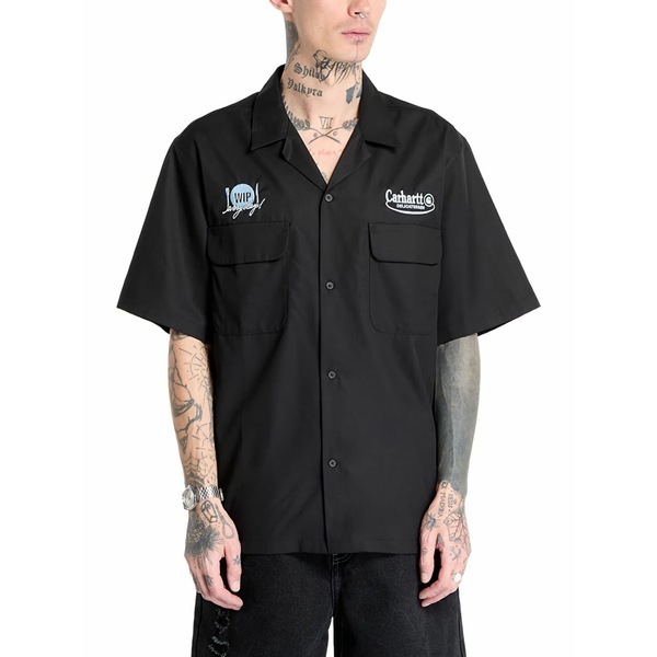 鉄道車両ハート型 メンズ プルオーバー トップス Embroidered short-sleeved shirt Black