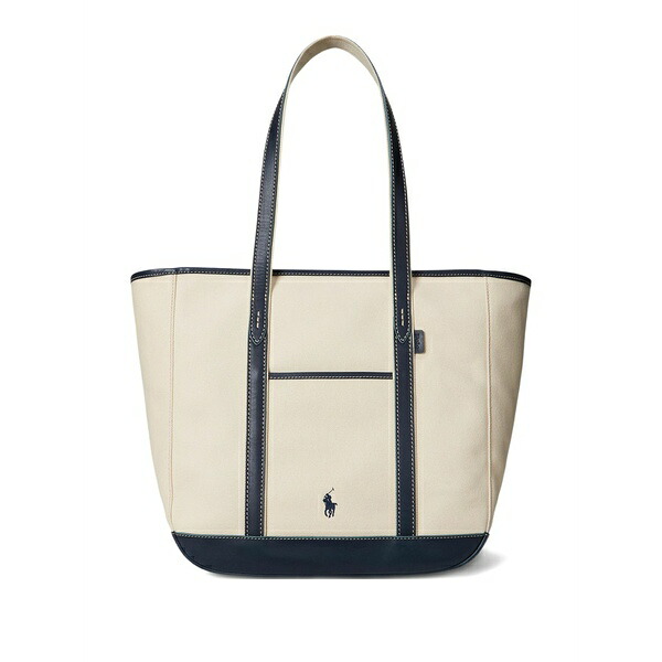 ラルフローレン レディース トートバッグ バッグ Medium leather-trim canvas tote bag Neutrals｜asty