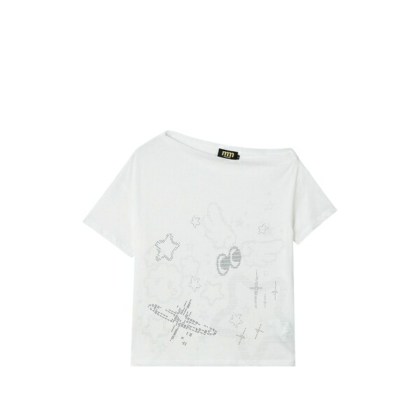 ミニ皮膚軟化剤 レディース ティーシャツ トップス Rhinestone-embellished asymmetric-collar cotton t-shirt White
