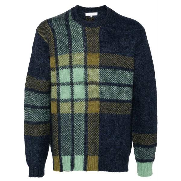 棲み家 稲荷 メンズ 編み物\u0026ティーシャツ アウター Graphic check intarsia jumper Blue