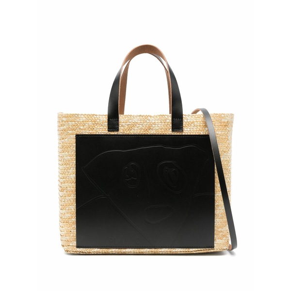 プランシー レディース トートバッグ 御徒面子 Leather-panelled straw tote bag Neutrals