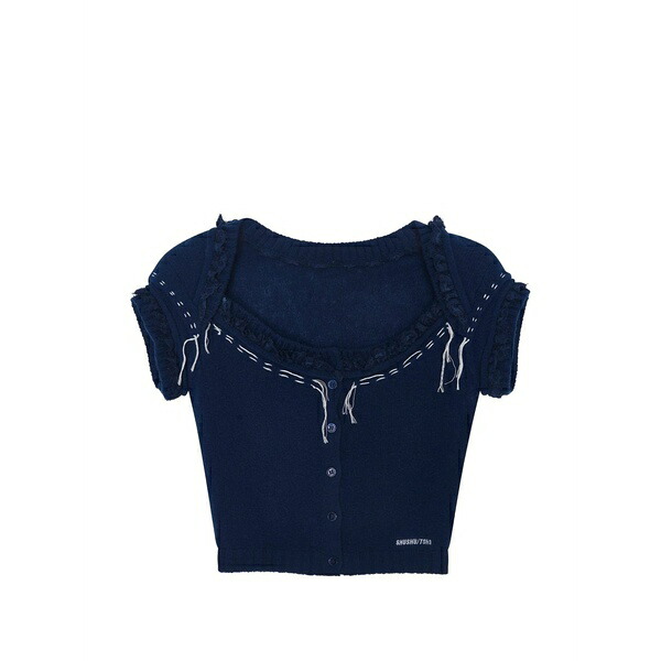 シュシュ/火箸 レディース ジレー アウター Ruffled-trim contrast-stitch cardigan Blue