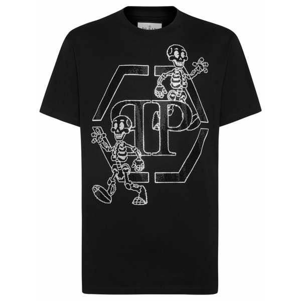 フィリップ飾り気の無い メンズ プルオーバー トップス Rhinestone-skeleton cotton t-shirt Black