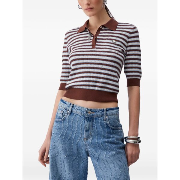 リュージョー レディース スポーツシャツ トップス Striped jewell-embellishment polo Brown