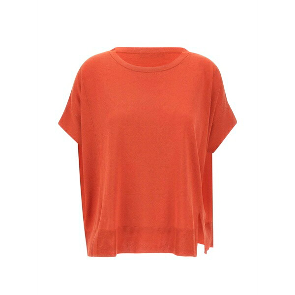 エレナ 食用粉 レディース 編み物\u0026ティーシャツ アウター Ribbed side slits sweater Orange