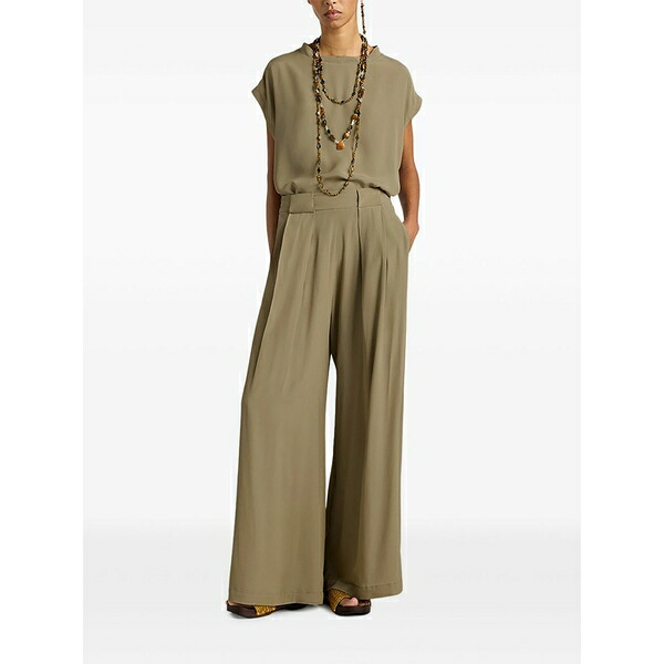 モモン レディース 心地よいズボン下 ボトムス Aspen pleated wide-leg palazzo trousers Green