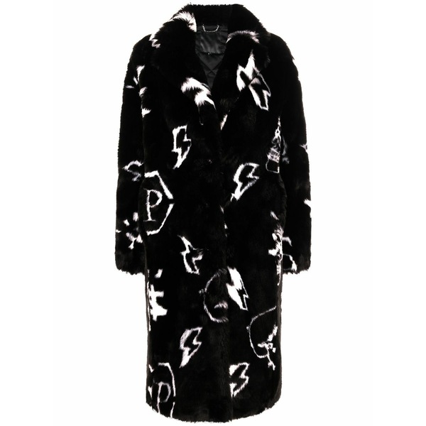 フィリップ飾り気の無い レディース 厚地の外套 アウター Monogram faux fur coat Black