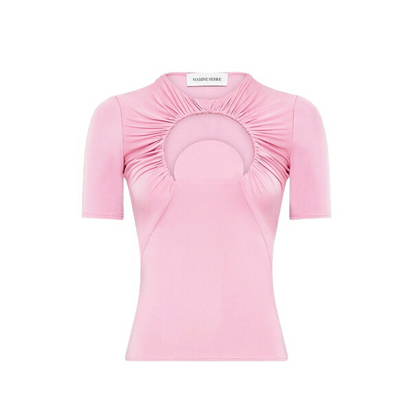マリーン セル レディース Tシャツ トップス Moon-motif gathered jersey t-shirt Pink｜asty