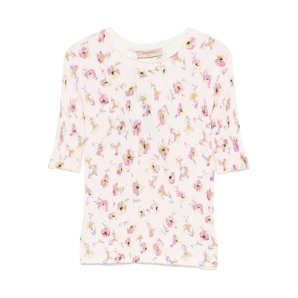 ツインセット レディース Tシャツ トップス Floral-print ribbed t-shirt Pink｜asty