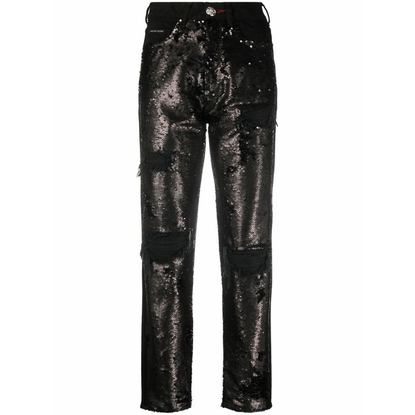 フィリッププレイン レディース デニムパンツ ボトムス Sequin-embellished high-waisted jeans Black|asty