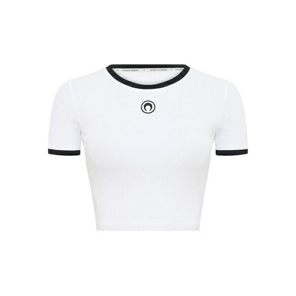 マリーン セル レディース Tシャツ トップス Moon-logo ribbed crop top White|asty