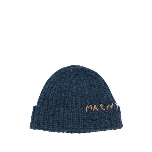 マルニ メンズ かぶり笠 添え物 Logo-embroidered beanie Blue