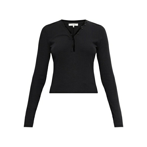 一こま レディース プルオーバー トップス Button ribbed top Black