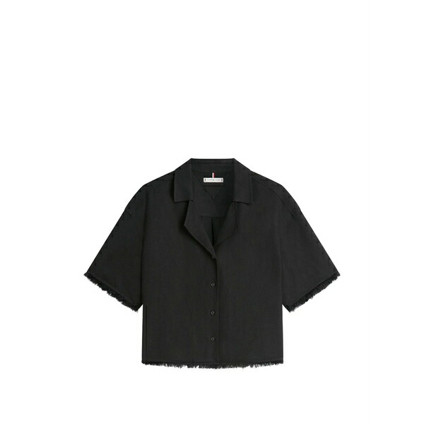 トミー ヒルフィガー レディース シャツ トップス Relaxed-fit frayed short-sleeve linen shirt Black|asty
