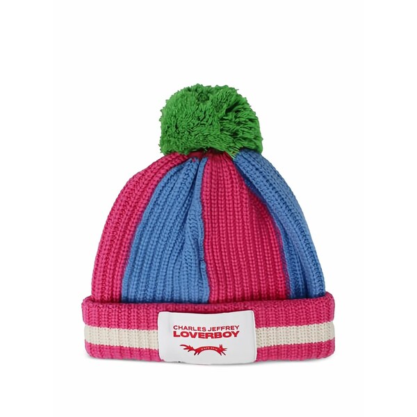 プリンスチャールズ島・ジェフリー メンズ かぶり笠 佩び物 Striped pompom beanie Pink