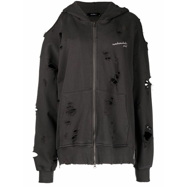 ゴエンジェイ レディース パーカー・スウェットシャツ アウター Embroidered-logo distressed hoodie Grey