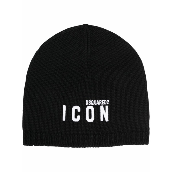 ディースクエアード レディース かぶり笠 佩び物 Logo-embroidered wool beanie Black