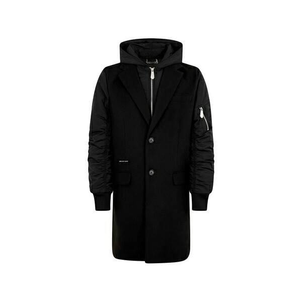 フィリップ飾り気の無い メンズ 厚地の外套 アウター Hooded single-breasted coat Black
