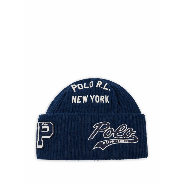 ラルフローレン メンズ 鳥打ち帽 付属物 Patch-detail beanie hat Blue
