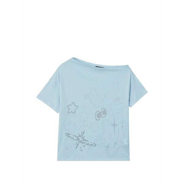 ミニ皮膚軟化剤 レディース プルオーバー トップス Rhinestone-embellished asymmetric-neck cotton t-shirt Blue