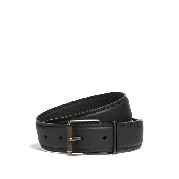 ゼニア メンズ 三尺帯 添え物 Leather wood-effect buckle belt Black