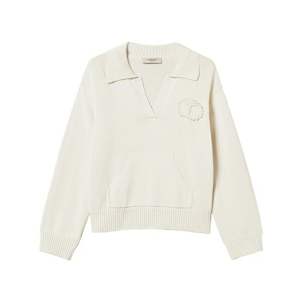 ツイン書き割り レディース 編み物\u0026プルオーバー アウター Crochet-patch polo sweater Neutrals
