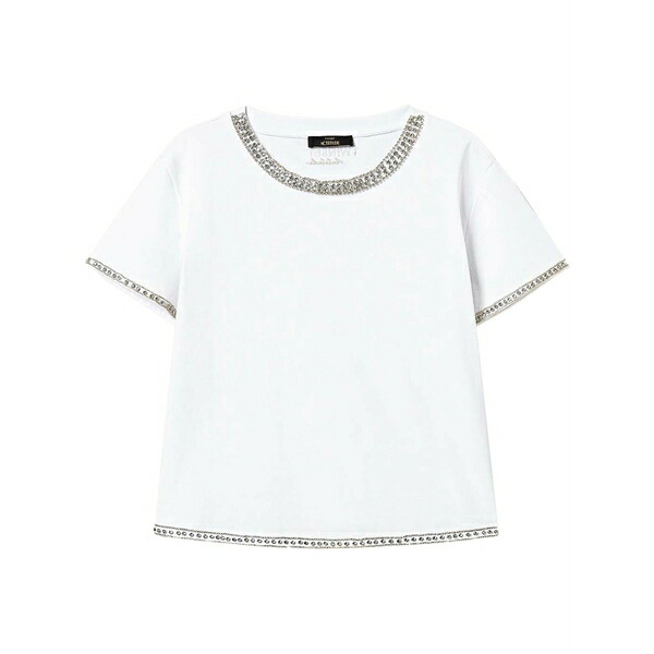 ツイン書き割り レディース ティーシャツ トップス Crystal-trim t-shirt White