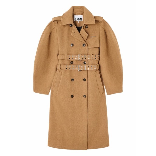 ガニー レディース 厚地の外套 アウター Belted double-breasted trench coat Brown